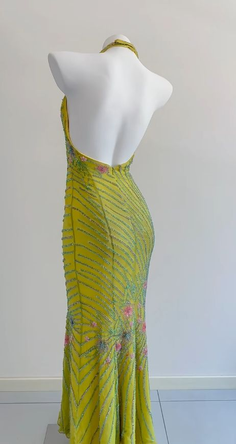Unique Green Halter V Neck Chiffon Beaded Mermaid Evening Dress Backless Long Party Dress