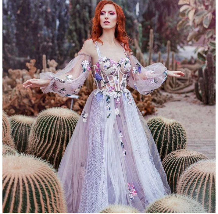 Elegant Dusty Lavender Floral Spaghetti Strap Sweetheart A-line Tulle Long Prom Dress