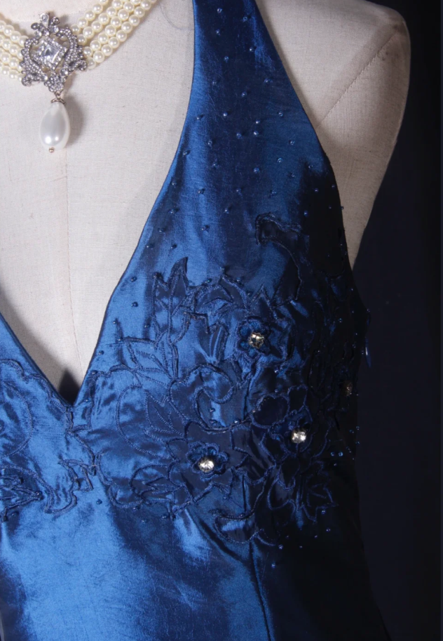 Elegant Blue Halter Embroidered Beaded Satin Pleated Mermaid Party Dress Long Birthday Evening Dress