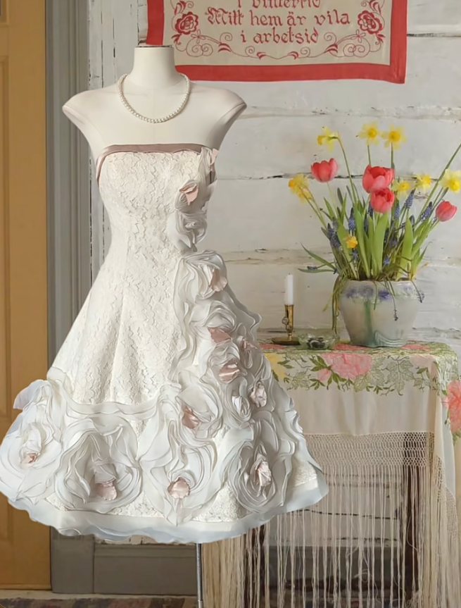 Pretty White Strapless Lace 3D Flowers A Line Homecoming Dress Short 20th Birthday Outfits