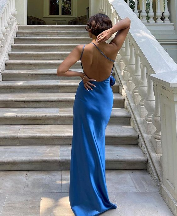 Sexy Royal Blue Backless Prom Dress Long Party Dress With Flowers