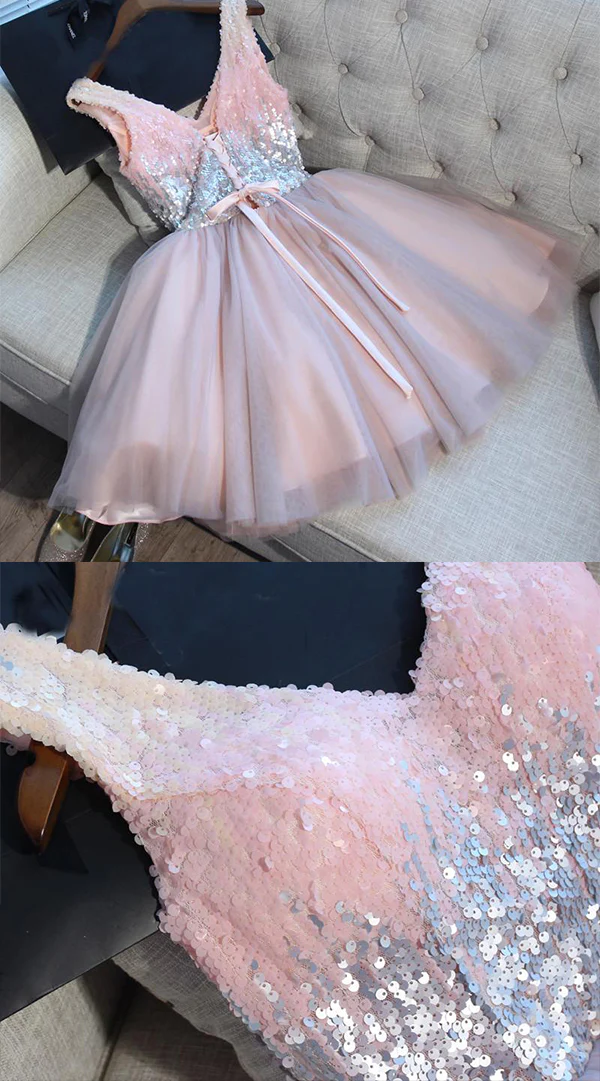 Sequined V-neck Tulle Homecoming Dress Sexy Shining Short Party Dress