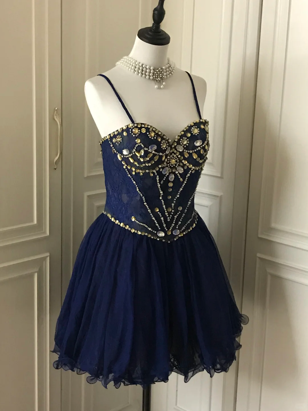 Vintage Navy Blue Lace Beaded A Line Homecoming Dress Birthday Dress