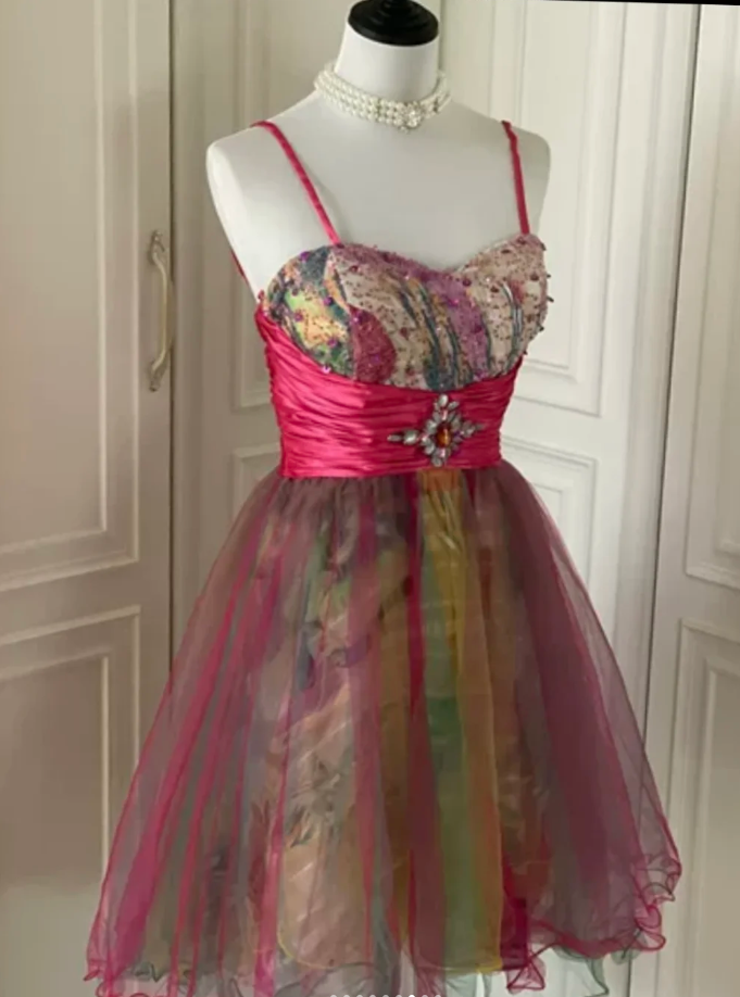 Vintage Spaghetti Straps Tulle Sequin Beaded Mini Homecoming Dress Party Dress