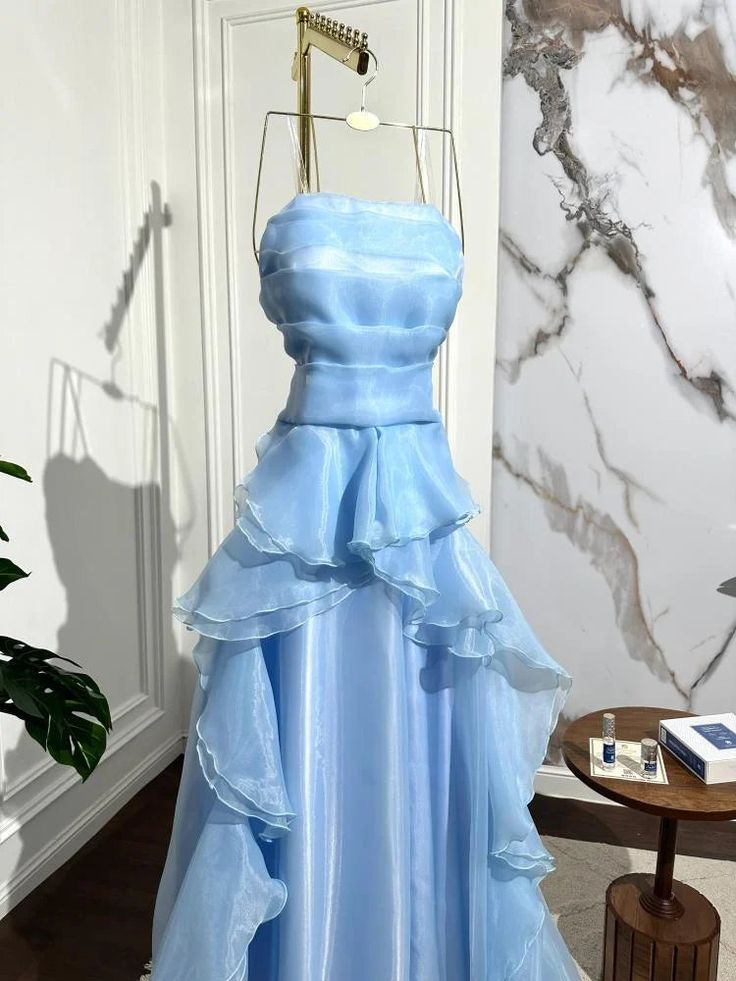 Classy Strapless Blue Organza Pleated Ruffles Long Party Dress Formal Wedding Guest Dress