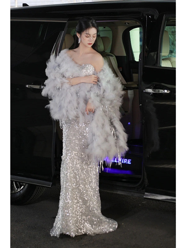 Elegant Mermaid Sweetheart Neckline Silver Sequin Evening Dress Long Prom Dresses