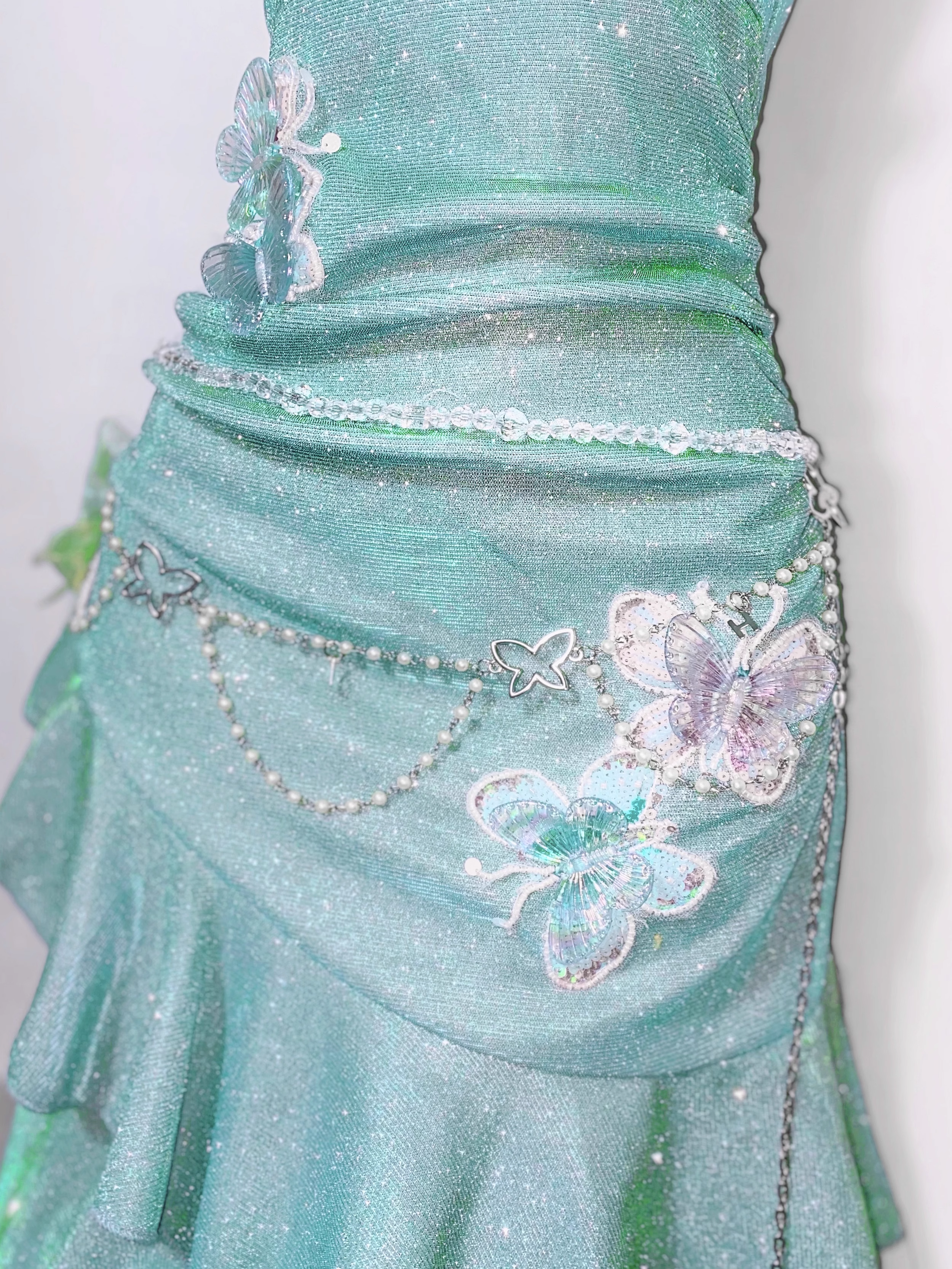 Glitter Mint Green Spaghetti Straps Sequin Ruffles Birthday Outfits Graduation Homecoming Dress