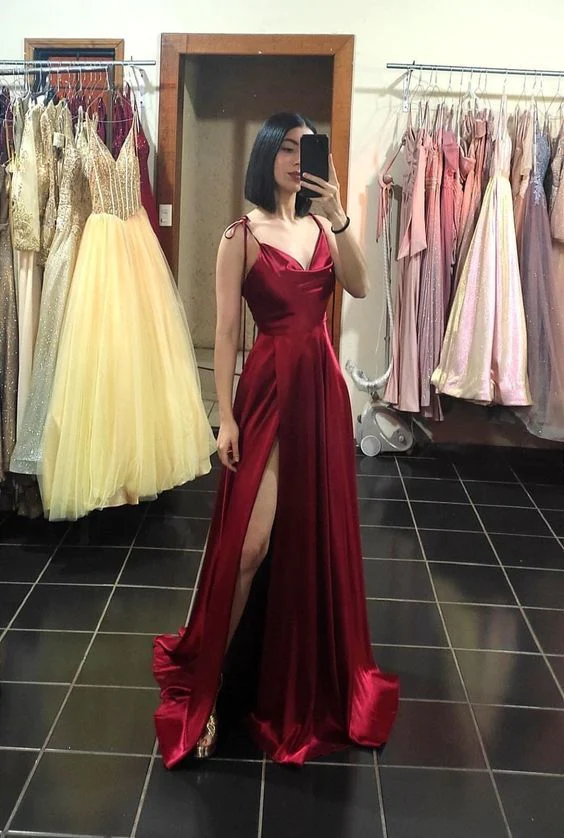 A line Straps Burgundy Satin Slit Long Prom Dress