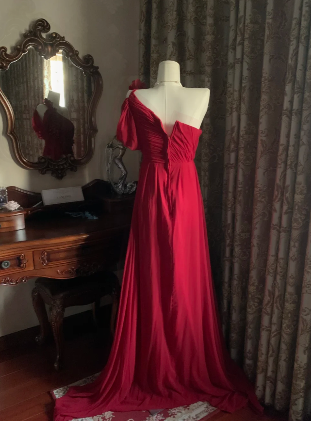 Elegant One Shoulder Red Chiffon Long Wedding Guest Dress Formal Birthday Prom Dress Evening Dress With Flowers