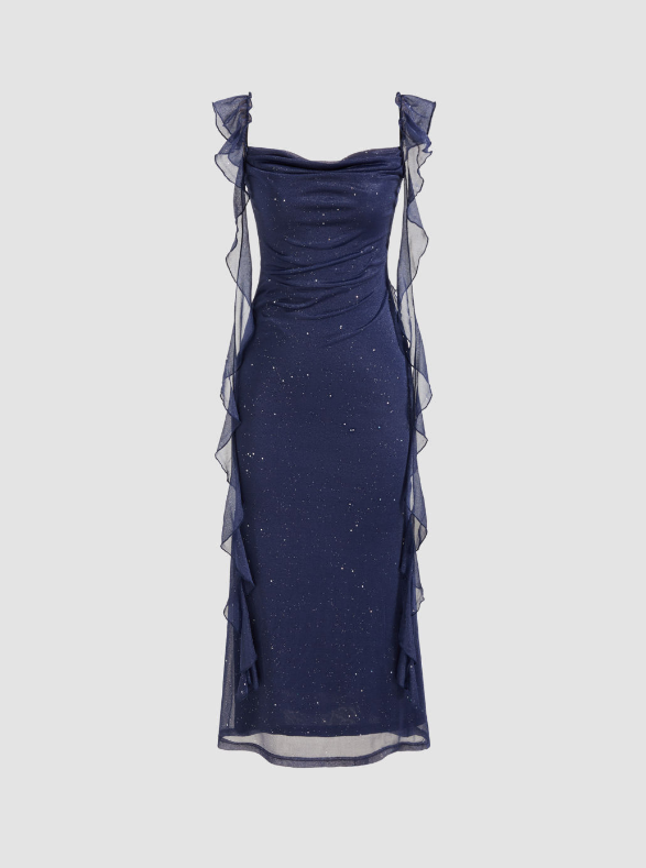 Elegant Sheath Square Neckline Navy Blue Chiffon Ruffles Prom Dresses Formal Dress