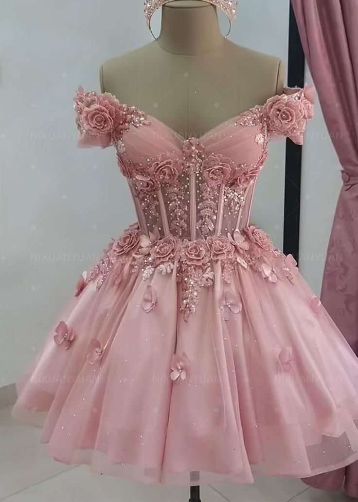 Pretty Off The Shoulder Tulle Appliques Homecoming Dress Pink Short Birthday Dress