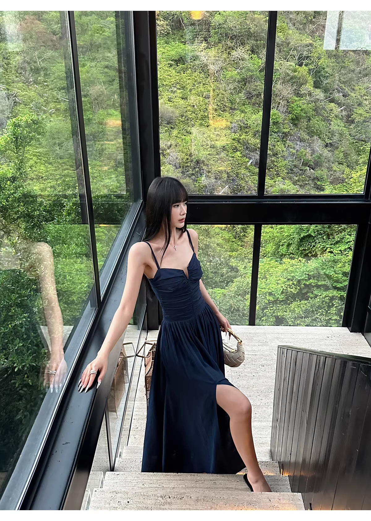 Elegant Spaghetti Straps Satin A Line Slit Evening Dress Navy Blue Long Birthday Party Dress With Pockets