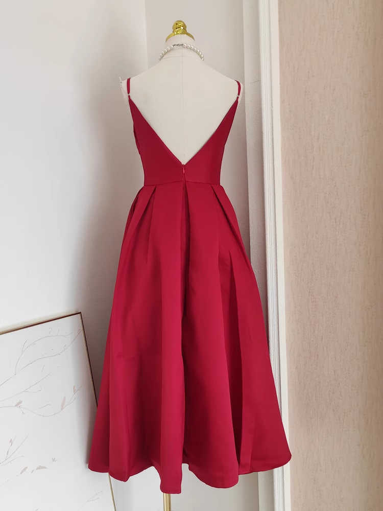 Sexy A line Spaghetti Straps Red Vacation Dress Satin Women Birthday Dresses