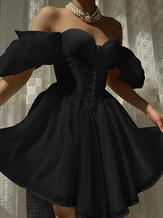 Classy Black Sweetheart Neck Organza Short Party Dress Off The Shoulder Birthday Outfits Homecoming Dress