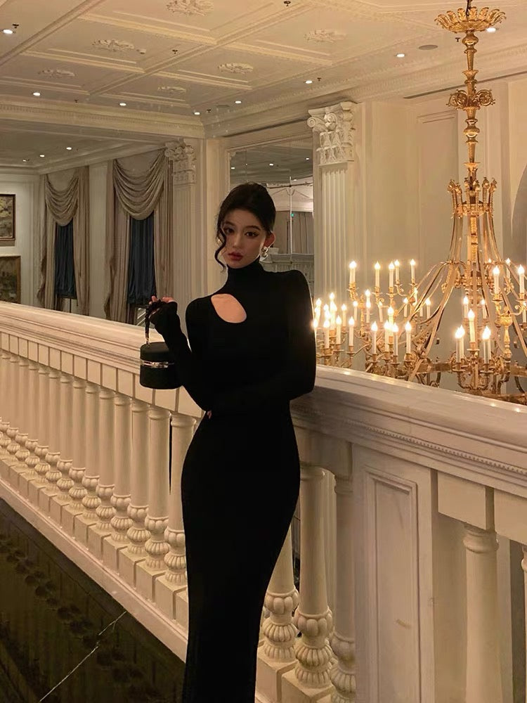 Sexy Sheath High Neckline Black Long Sleeves Prom Dresses Birthday Outfits