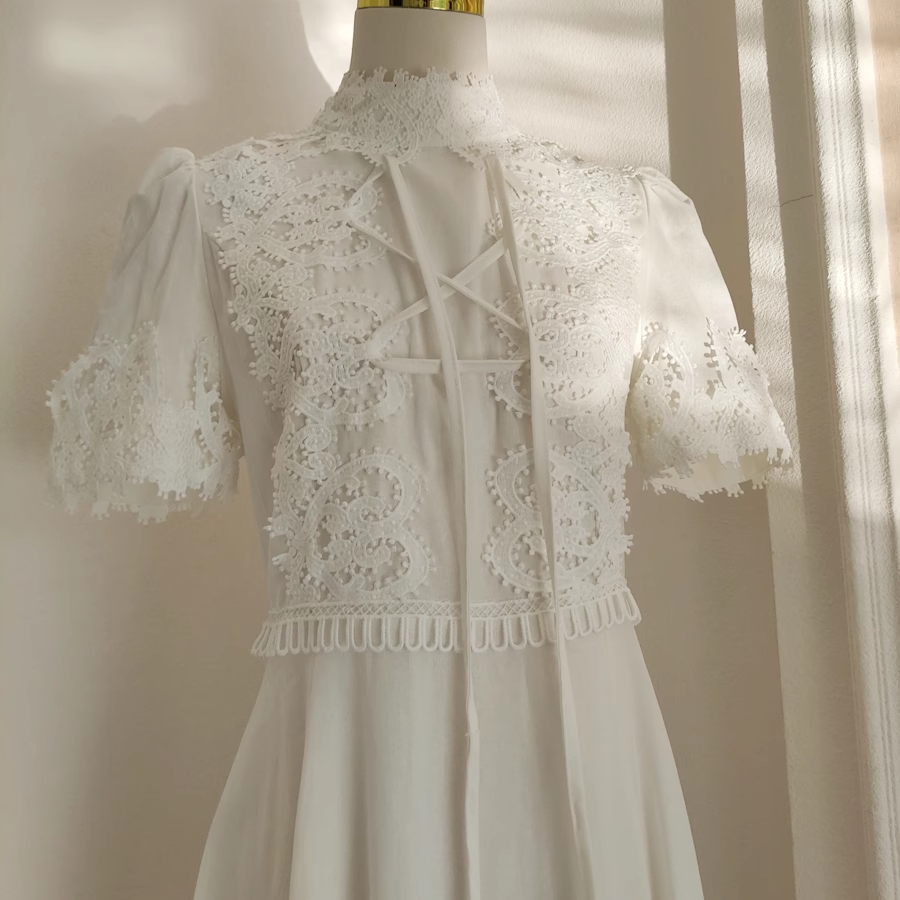 Cute A line High Neckline Short Sleeves Lace White Party Dress Chiffon Holiday Dresses