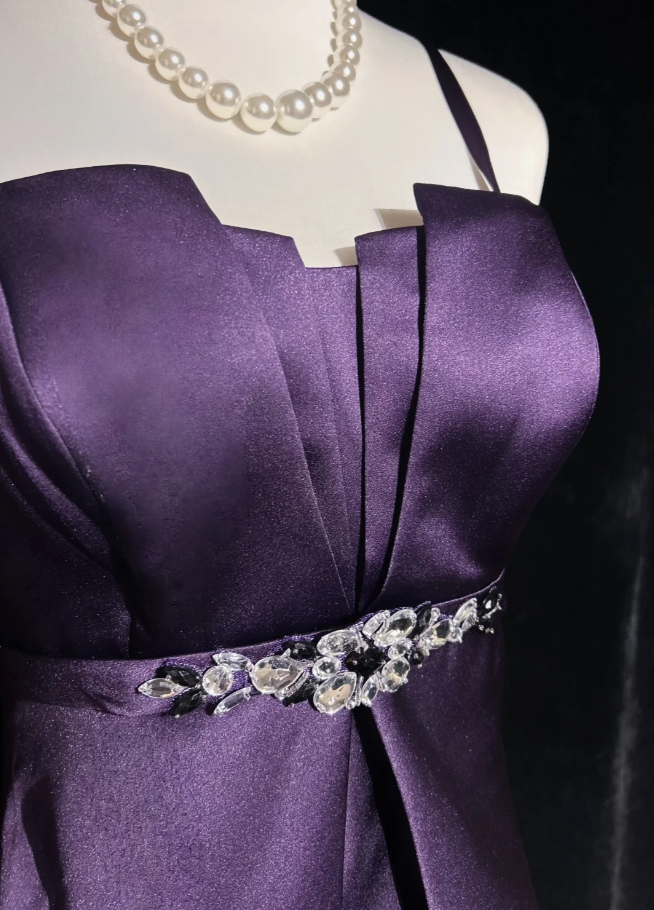 Fashion Spaghetti Straps Purple Satin Beaded A Line Short Birthday Outfits Homecoming Dress