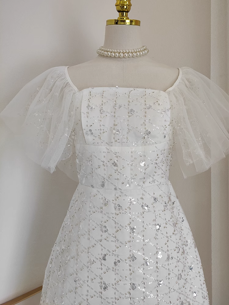 Cute A line Square neckline Tulle White Sequin Party Dress Short Birthday Dresses With Beads