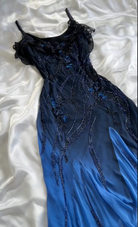Elegant A Line Spaghetti Straps Navy Blue Chiffon Beads Long Prom Dresses Formal Dress