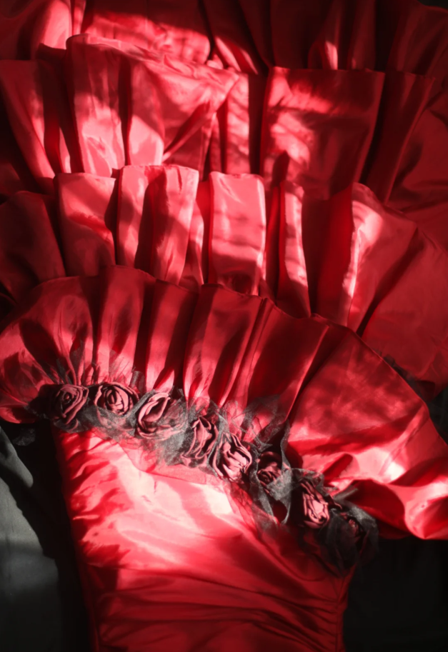 Vintage Red Strapless Satin Layered Mermaid Evening Dress Long Party Dress