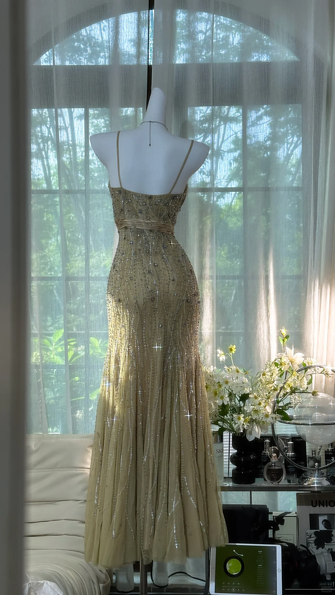 Classy Spaghetti Straps Green Chiffon Beaded Mermaid Long Prom Dress Evening Dress
