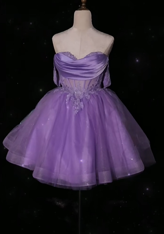 Elegant Lavender Sweetheart Neck Tulle Appliques A Line Birthday Outfits Formal Homecoming Dress