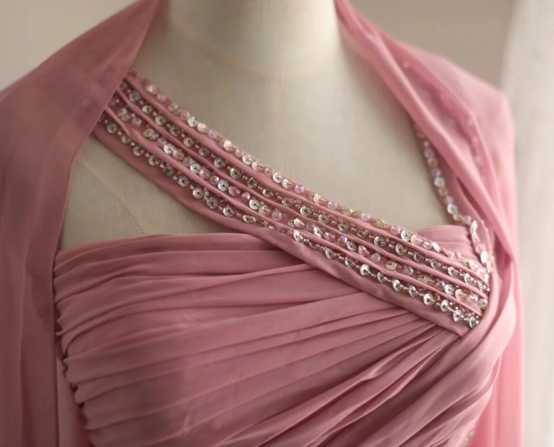 Pretty Pink Chiffon Beaded Mermaid Long Party Dress Evening Gown