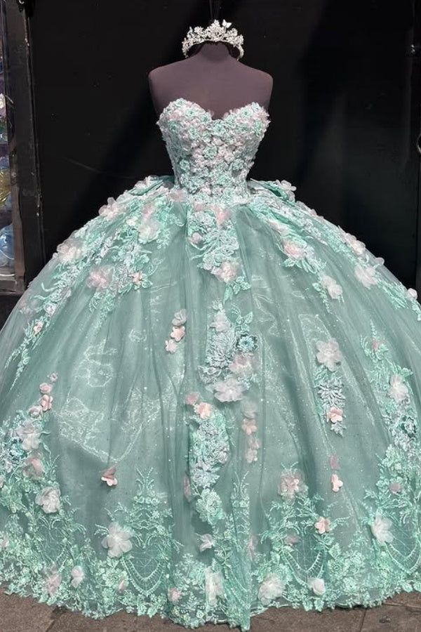 Luxury Light Green Ball Gown Sweetheart Neck Tulle Appliques Birthday Quinceanera Dress