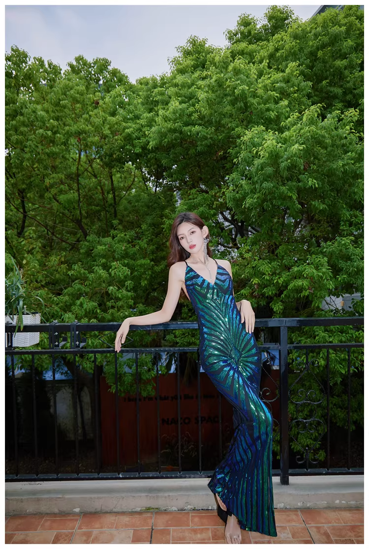 Vintage Green Spaghetti Straps Sequin Mermaid Long Evening Dress Birthday Dress