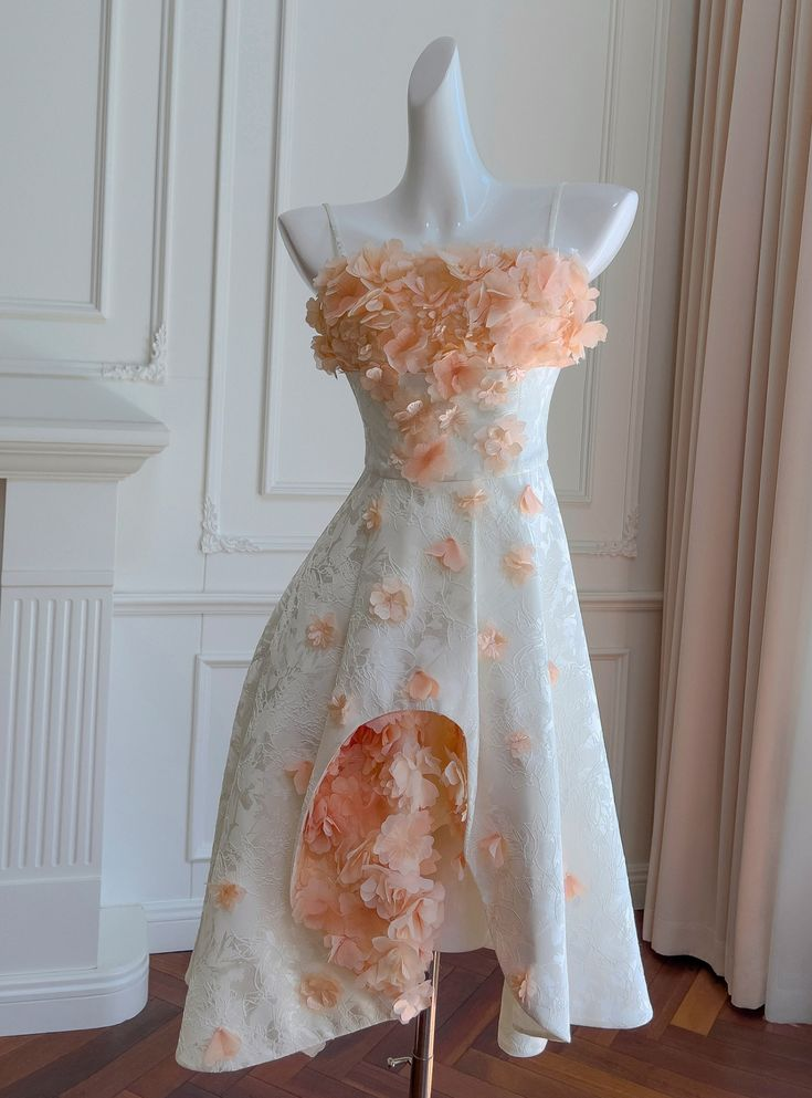 Beautiful White Satin Print Floral 3D Flower Homecoming Dress Birthday Dress