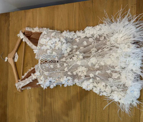 Elegant White Deep V Neck Sequined Floral Feather Fitted Birthday Dress Homecoming Dress
