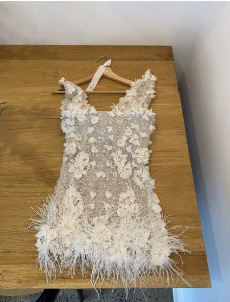 Elegant White Deep V Neck Sequined Floral Feather Fitted Birthday Dress Homecoming Dress