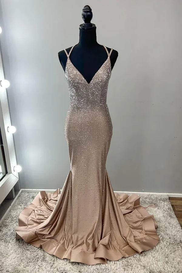 Sparkling Champagne Gold Mermaid V-neck Halter Top With Rhinestone Satin Train Prom Dress Evening Dress
