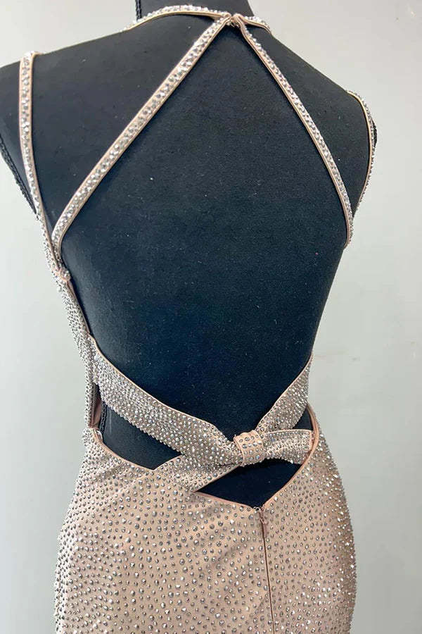 Sparkling Champagne Gold Mermaid V-neck Halter Top With Rhinestone Satin Train Prom Dress Evening Dress