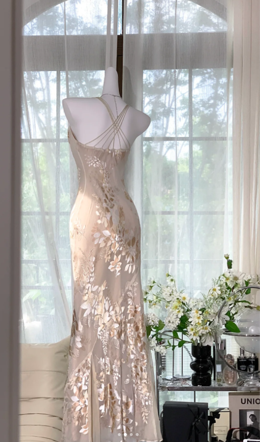 Pretty Spaghetti Straps Chiffon Print Floral Mermaid Long Party Dress Evening Gown