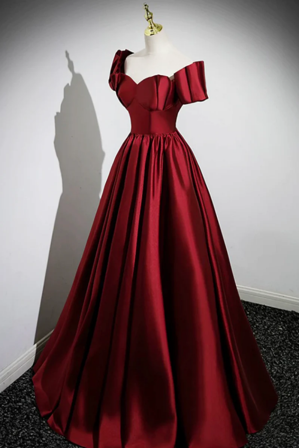 A Line Burgundy Satin Floor Length Prom Dress, Off the Shoulder New Party Dress