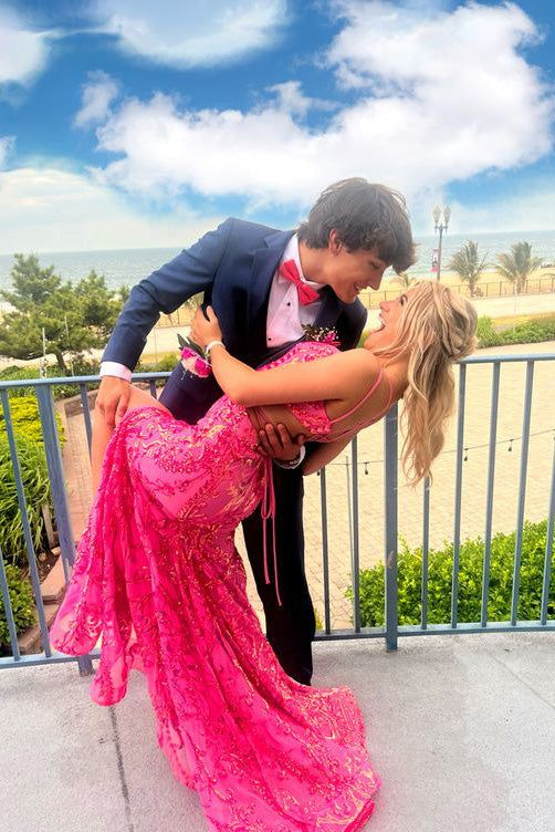Pink Mermaid V-neck Sequined Long Prom Dress, Evening Dress With Slit