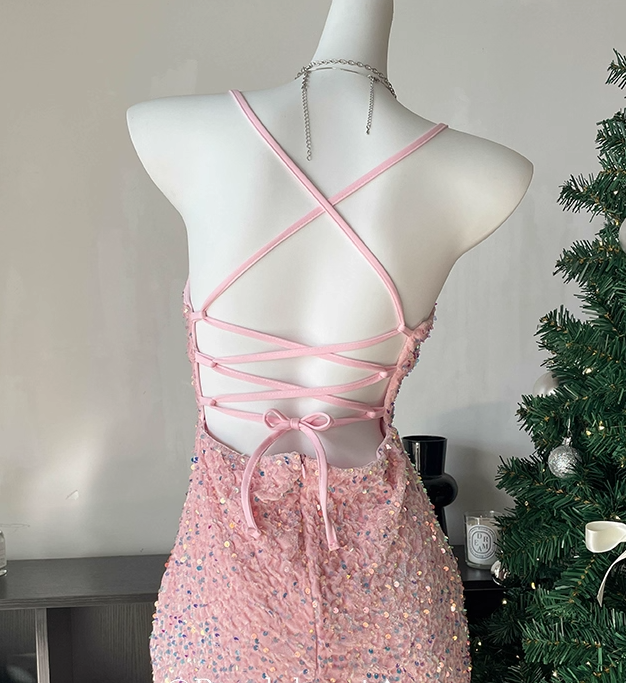 Sparkly Halter Sequin Sheath Cocktail Dress Pink Short Party Dress Homecoming Dress