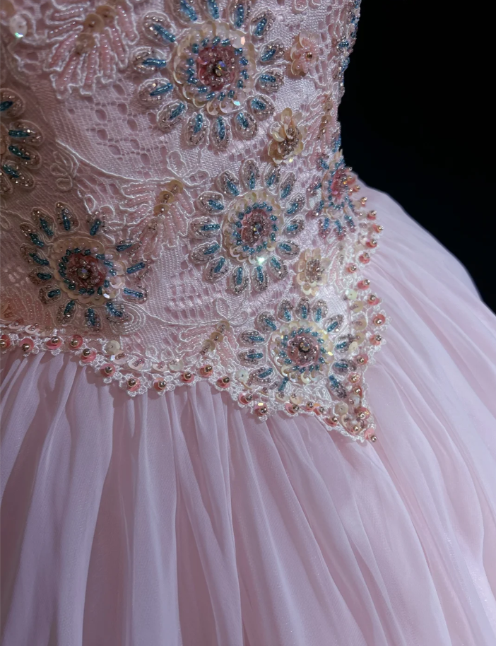 Charming Pink Tulle Lace Beaded Ball Gonn Long Birthady Evening Dress
