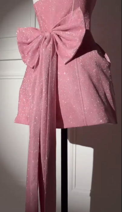 Elegant Strapless Pink Satin Sequin A Line Birthday Outfits Short Graduation Homecoming Dress With Bow