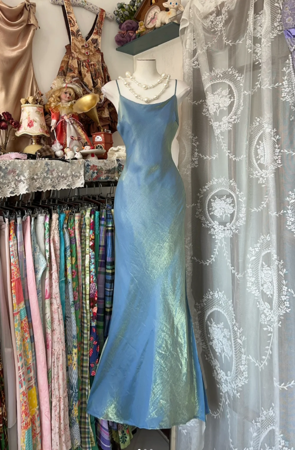 Vintage Spaghetti Straps Satin Mermaid Blue Long Party Dress Wedding Guest Dress