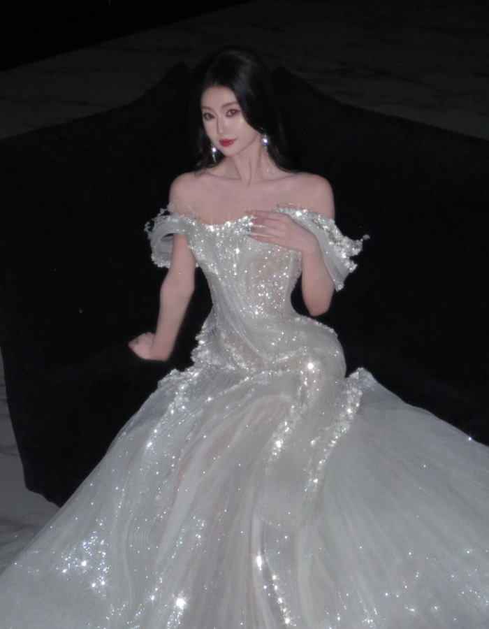 Shiny White Off The Shoulder Tulle Sequin Mermaid Long Wedding Dress
