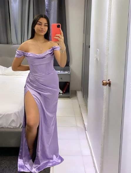 Classy Off The Shoulder Party Dress,Lilac Mermaid Slit Prom Dress Evening Dress