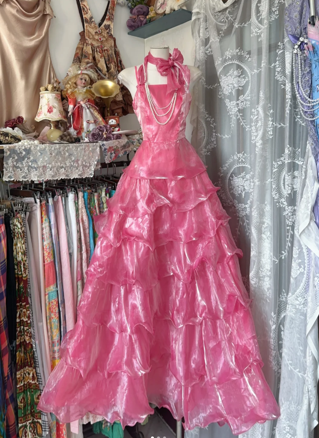 Pretty Halter Organza Pleated Pink Layered Long Party Dress Birthday Outfits