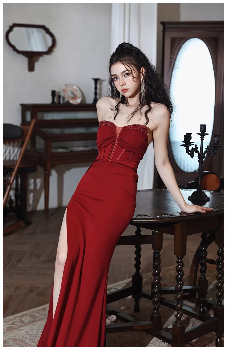 Sexy Burgundy Strapless Satin Pleated Slit Long Evening Dress Formal Wedding Guest Dress