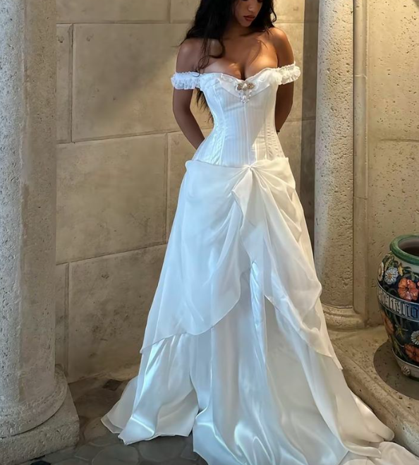 Pretty Off The Shoulder White Satin Chiffon Pleated Long Wedding Dress