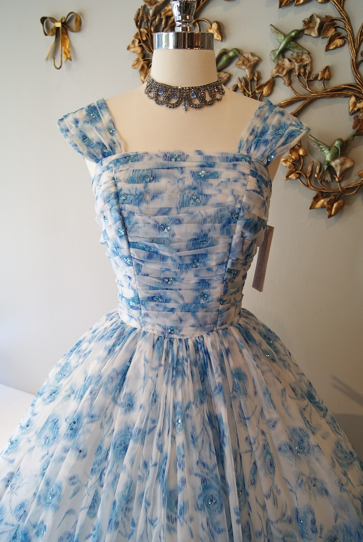 Vintage Sleeveless Party Dress Blue Floar Homecoming Dress
