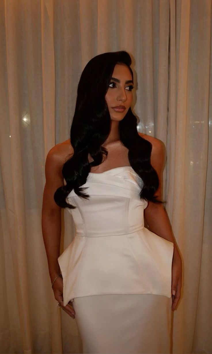 Classy Strapless White Satin Pleated Sheath Long Wedding Guest Dress Evening Dress