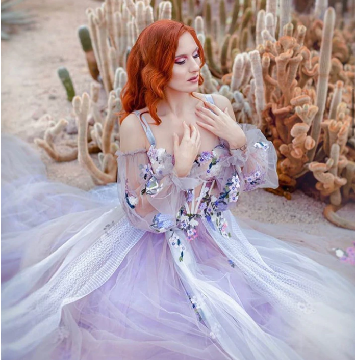 Elegant Dusty Lavender Floral Spaghetti Strap Sweetheart A-line Tulle Long Prom Dress