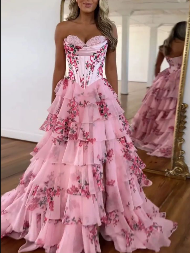 Beautiful Pink Chiffon Satin Print Floral Party Dress Multi-layered A Line Prom Evening Gown
